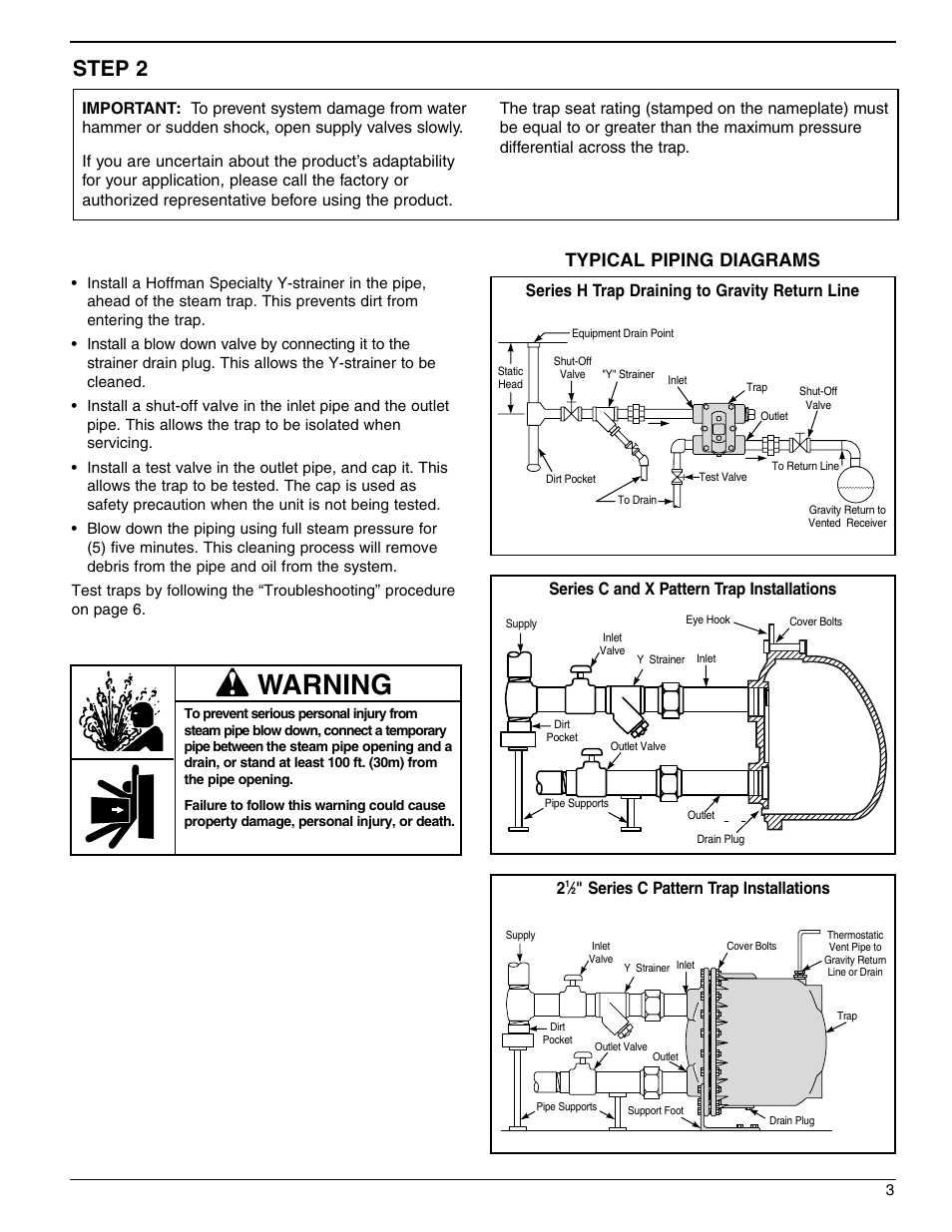 Warning, Step 2, Typical piping diagrams | Series c pattern trap installations | AERCO Float and Thermostatic Traps Series X User Manual | Page 3 / 6