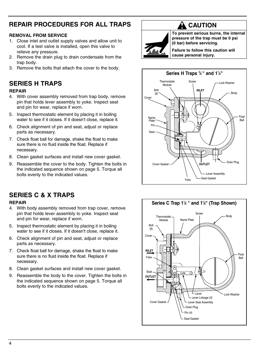 Repair procedures for all traps, Series h traps, Series c & x traps | Caution, And 1, Series c trap 1, Trap shown) | AERCO Float and Thermostatic Traps Series X User Manual | Page 4 / 6