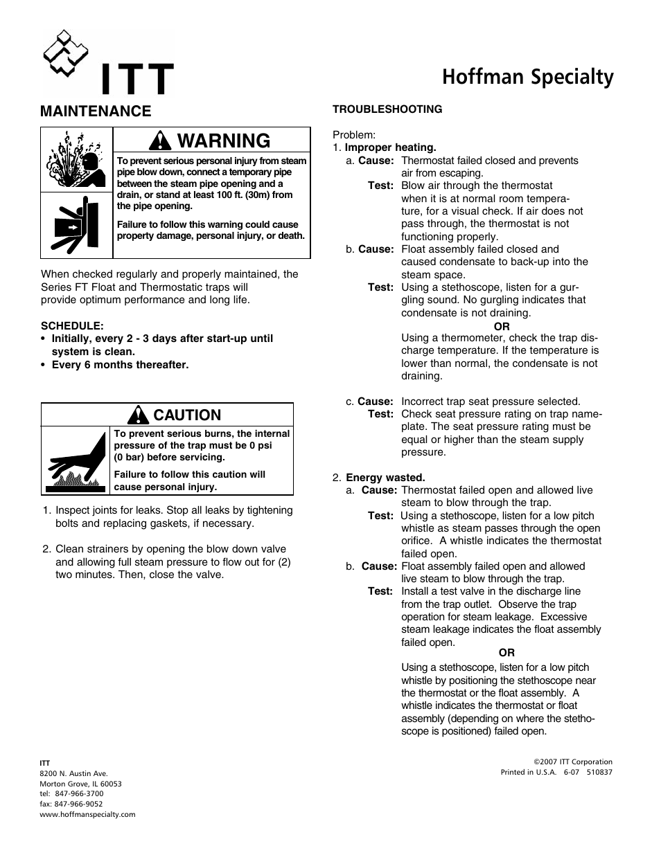 Hoffman specialty, Warning, Maintenance | Caution | AERCO Float and Thermostatic Traps Series X User Manual | Page 6 / 6