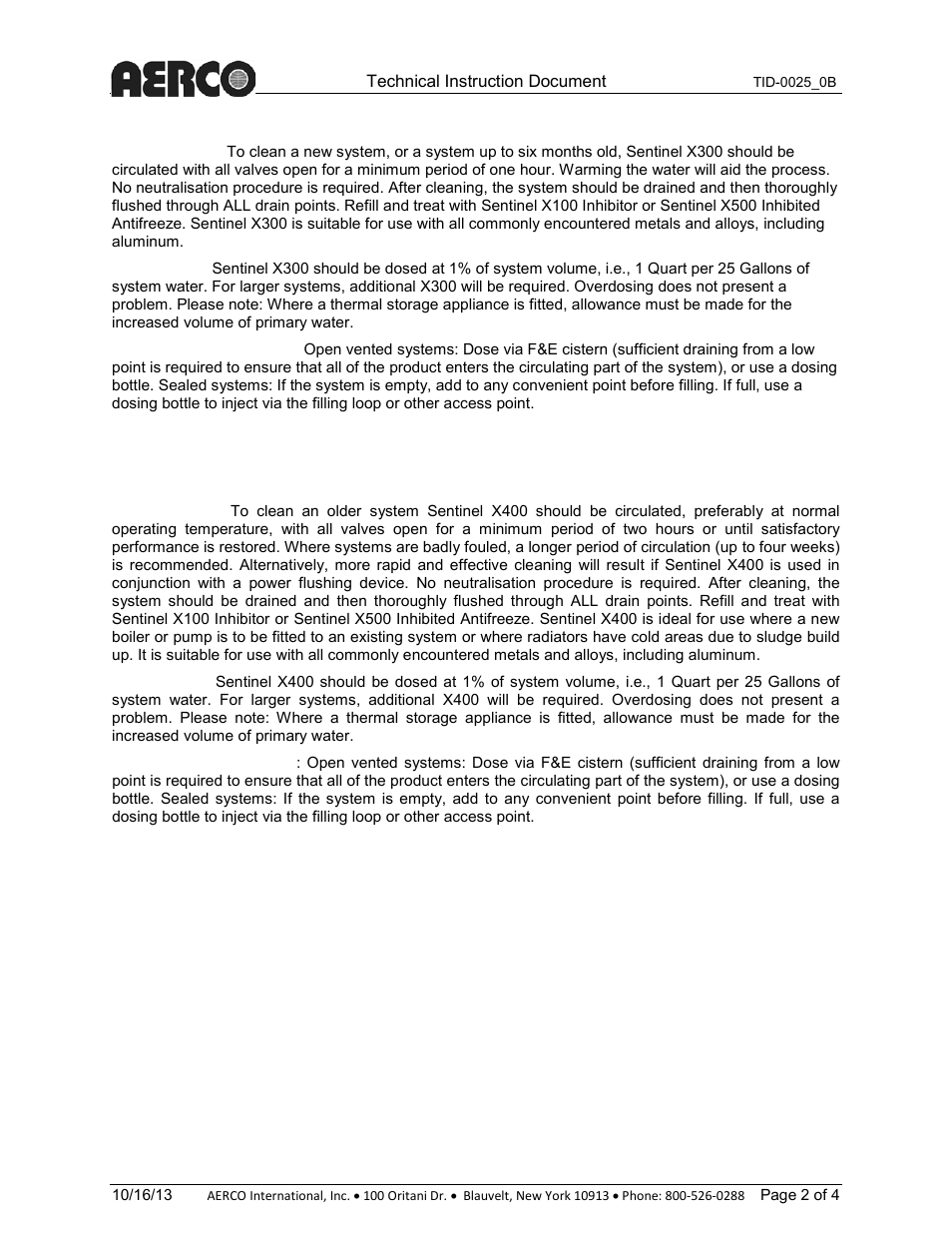 X300– system cleaner, X400 – system restorer, Sentinel product dosing information | AERCO X500 – Inhibited Antifreeze User Manual | Page 2 / 4