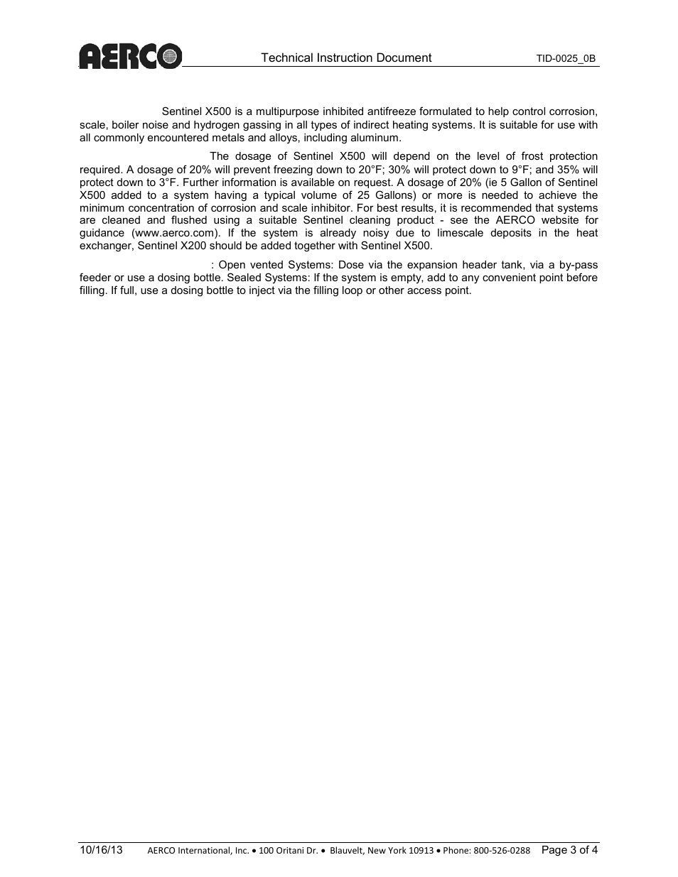 X500 – inhibited antifreeze, Sentinel product dosing information | AERCO X500 – Inhibited Antifreeze User Manual | Page 3 / 4