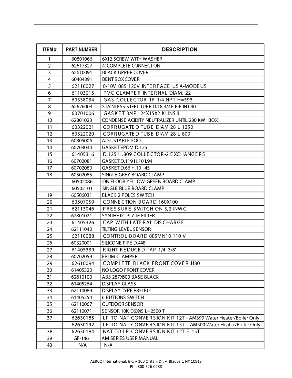 2 models am399/500 spare parts list, Am series boilers and water heaters | AERCO AM Series Boiler User Manual User Manual | Page 142 / 156