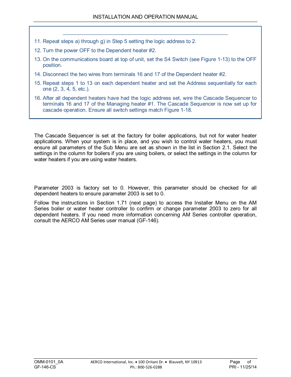 6 setting for use with boilers or water heaters, Am series cascade sequencer | AERCO AM Series Boiler Cascade Sequencer Controller User Manual | Page 17 / 26