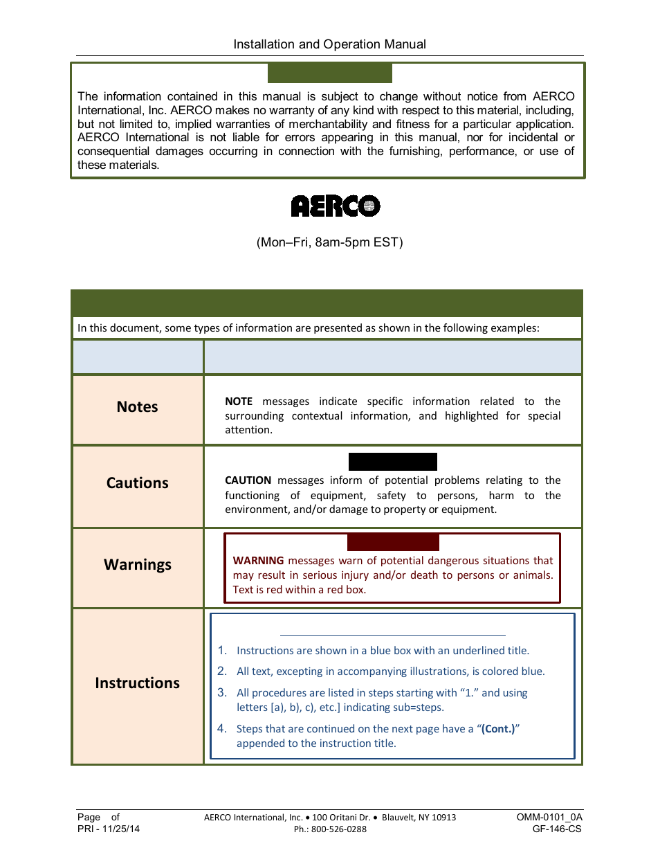 Cautions, Warnings, Instructions | Am series cascade sequencer, Disclaimer, Aerco document conventions | AERCO AM Series Boiler Cascade Sequencer Controller User Manual | Page 2 / 26