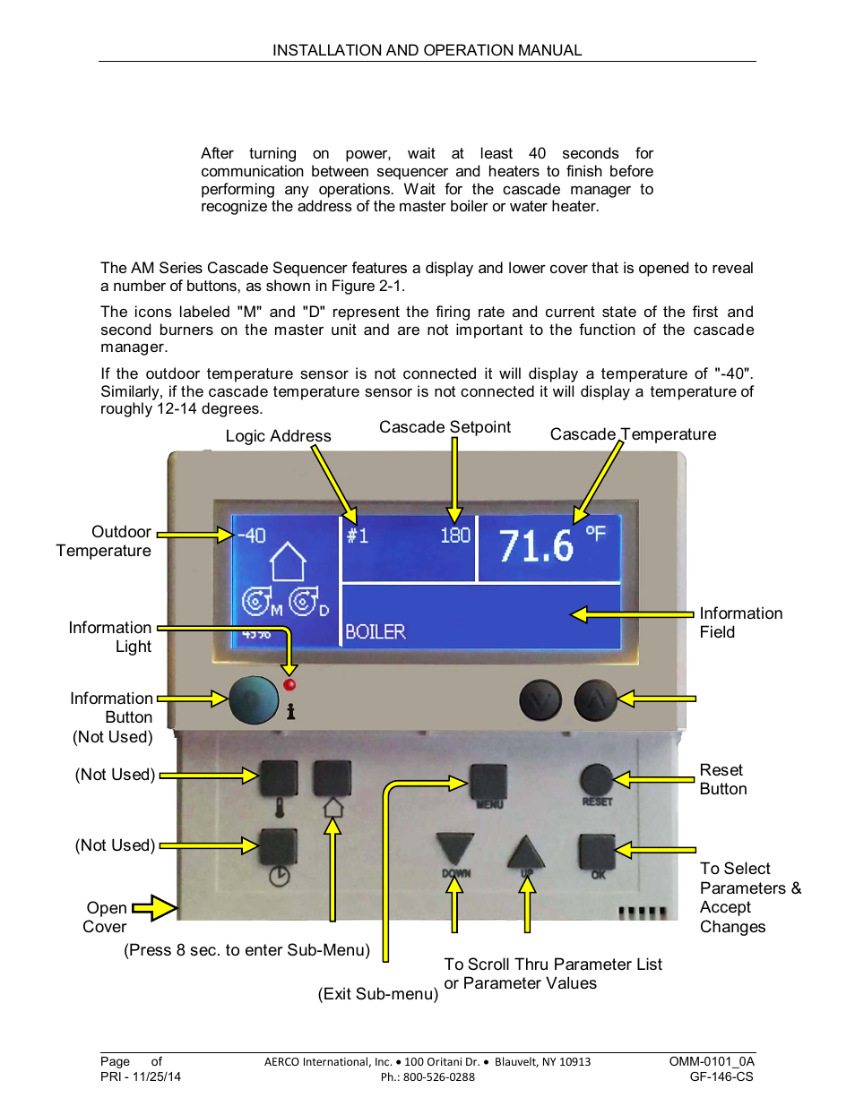 Chapter 2: operation, 1 cascade sequencer display and controls, Chapter 2 | Operation | AERCO AM Series Boiler Cascade Sequencer Controller User Manual | Page 20 / 26