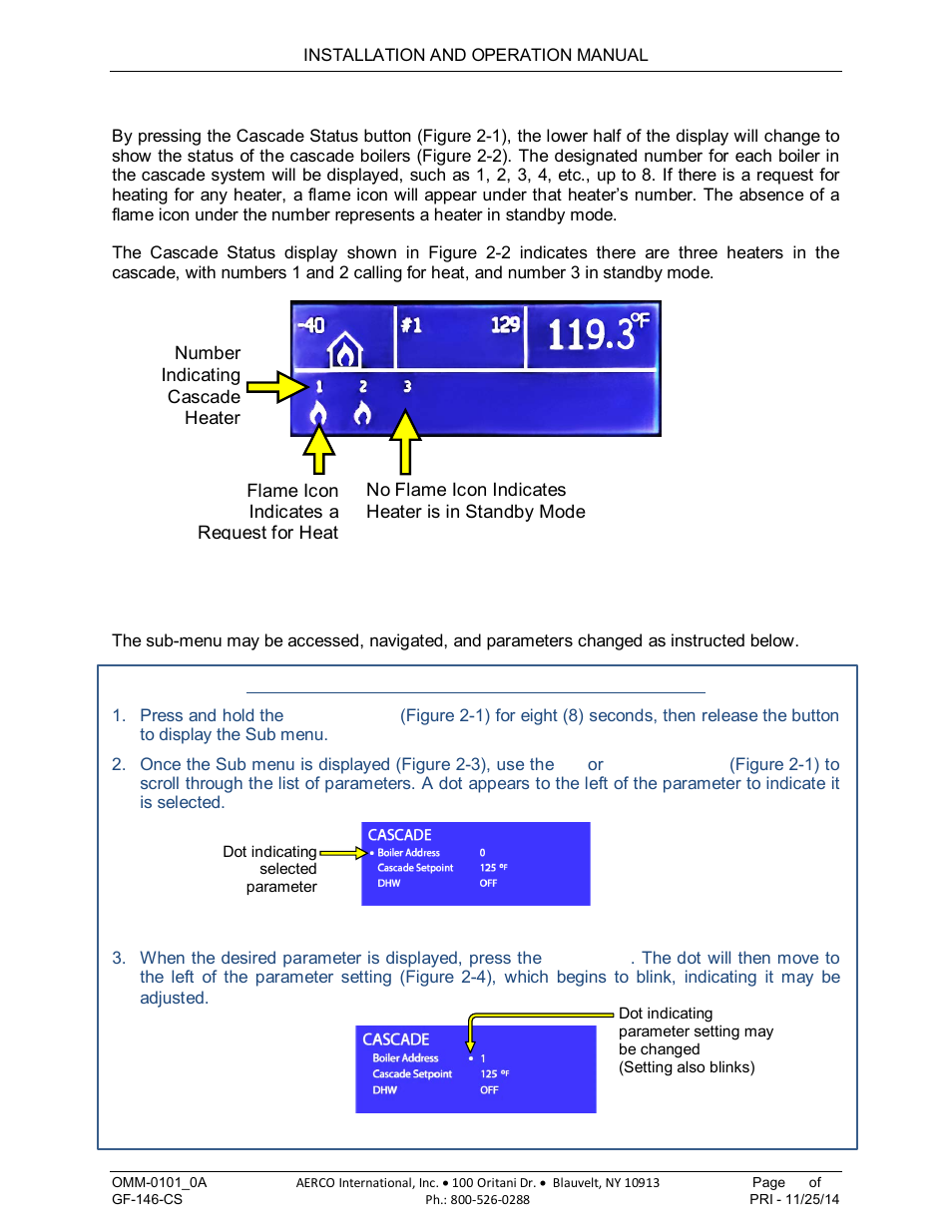 2 cascade status button, 3 submenu navigation, and parameter settings, Am series cascade sequencer | AERCO AM Series Boiler Cascade Sequencer Controller User Manual | Page 21 / 26