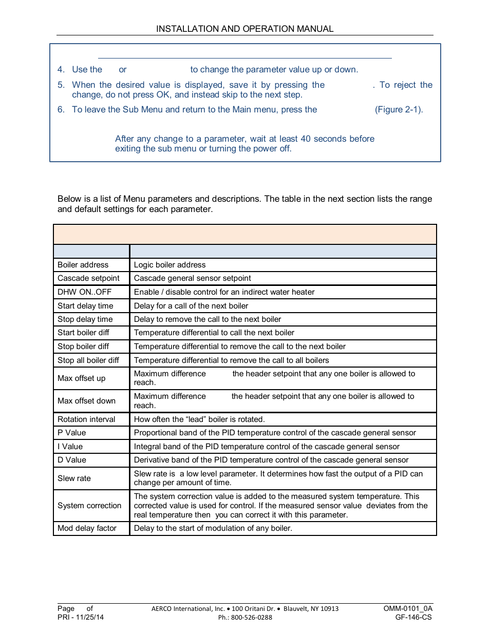 4 sub-menu parameter descriptions, 5 menu parameter descriptions, Am series cascade sequencer | AERCO AM Series Boiler Cascade Sequencer Controller User Manual | Page 22 / 26