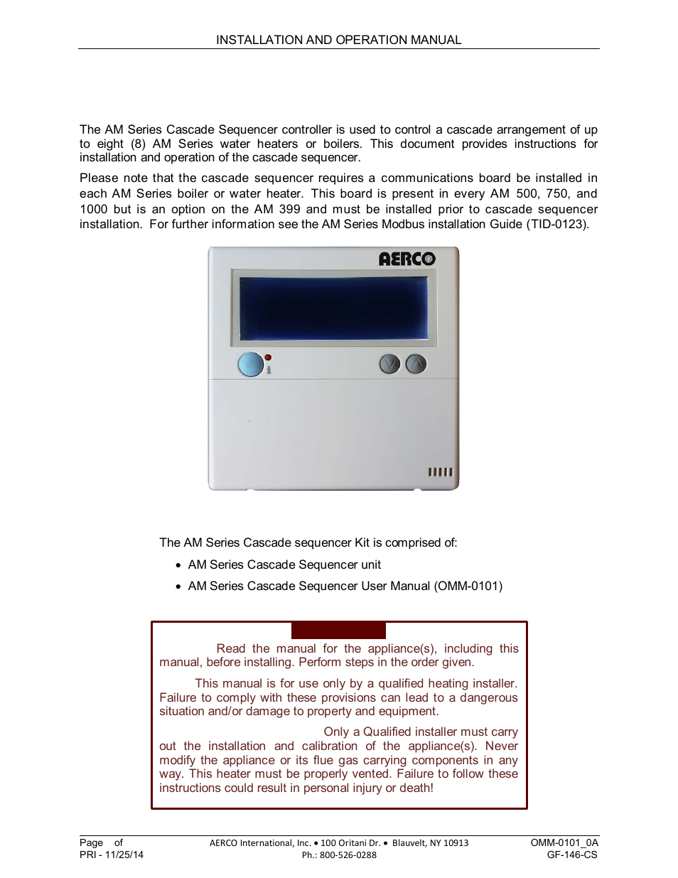Introduction, Am series cascade sequencer | AERCO AM Series Boiler Cascade Sequencer Controller User Manual | Page 4 / 26