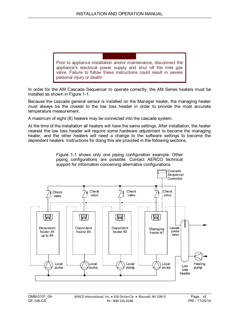 Chapter 1: installation, 1 piping installation, Chapter 1 | Installation, Am series cascade sequencer | AERCO AM Series Boiler Cascade Sequencer Controller User Manual | Page 5 / 26