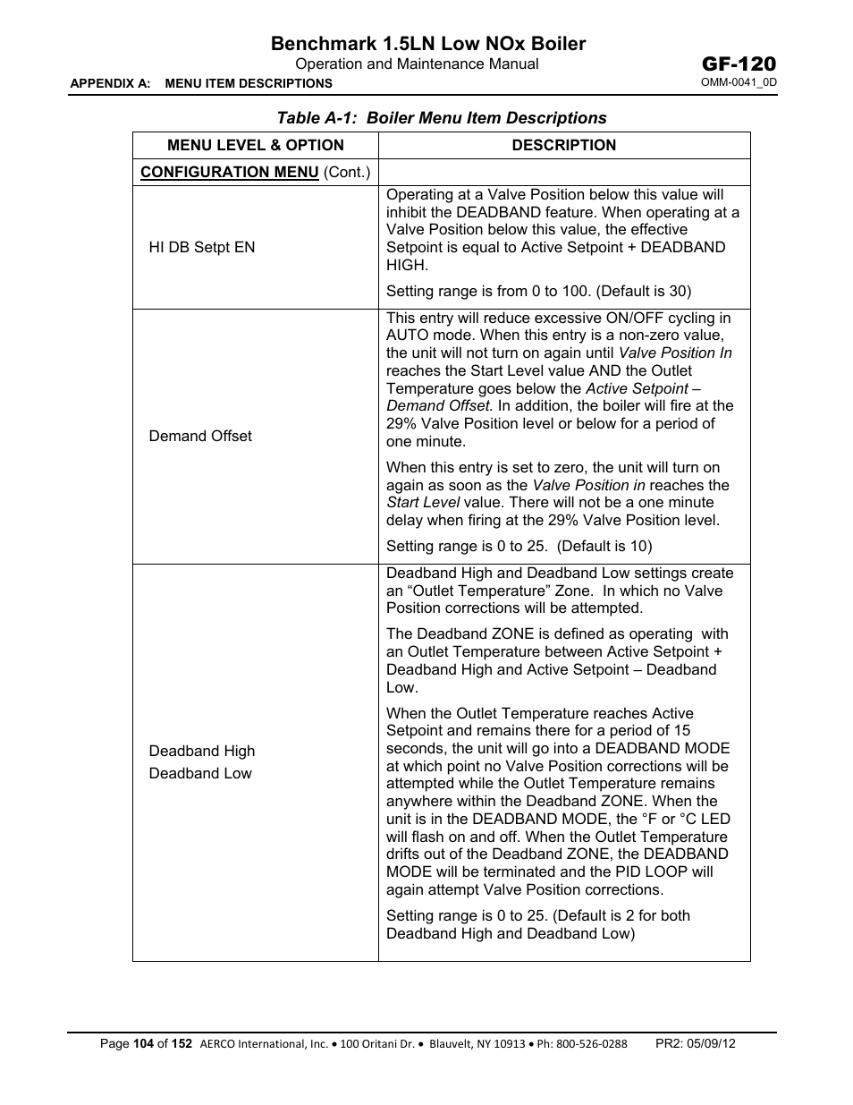 Benchmark 1.5ln low nox boiler, Gf-120 | AERCO BMK 1.5 LN July 2011 User Manual | Page 104 / 152