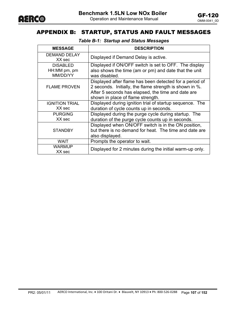 Appendix b: startup, status and fault messages, Benchmark 1.5ln low nox boiler, Gf-120 | AERCO BMK 1.5 LN July 2011 User Manual | Page 107 / 152