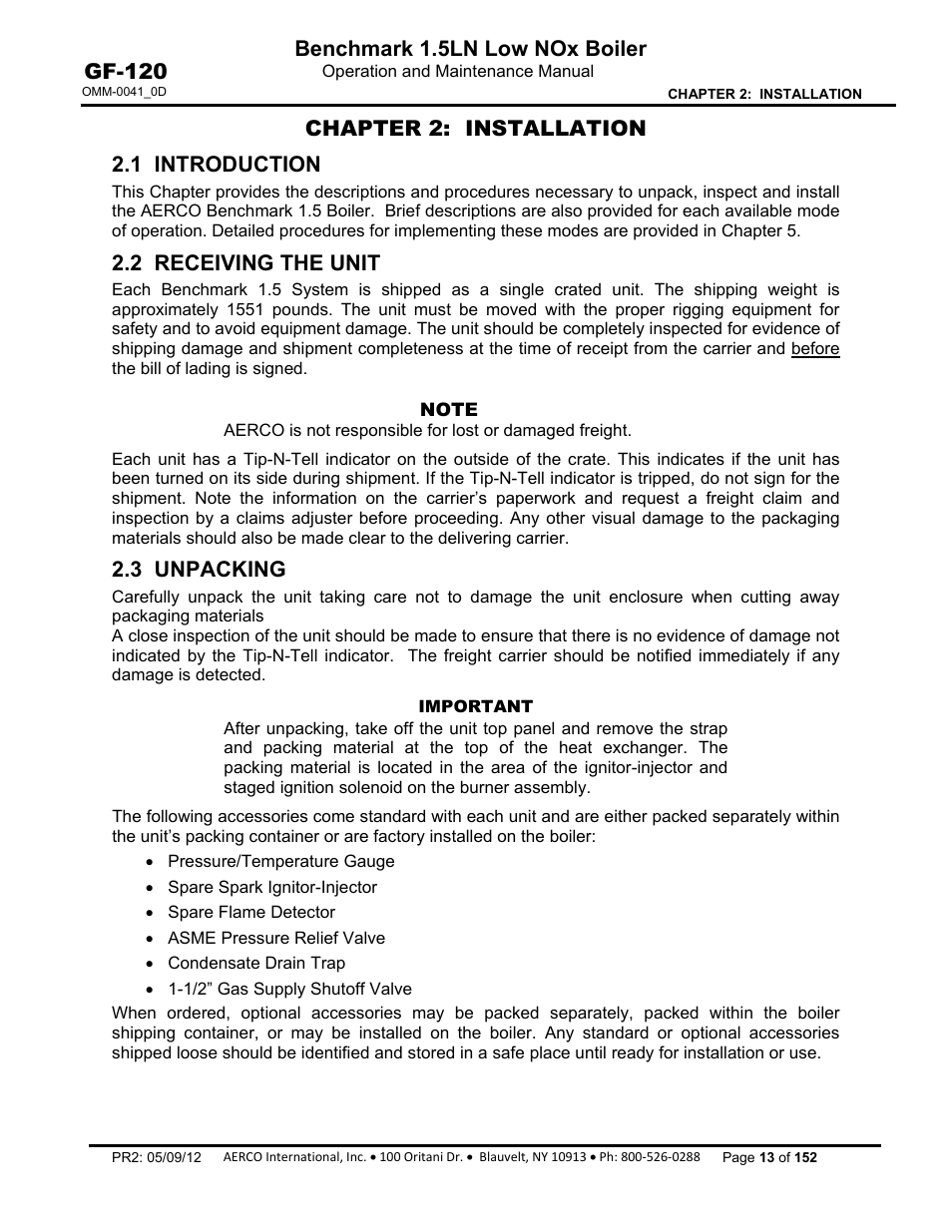 Chapter 2: installation, Chapter 2, 1 introduction | 2 receiving the unit, 3 unpacking, Benchmark 1.5ln low nox boiler, Gf-120, Chapter 2: installation 2.1 introduction | AERCO BMK 1.5 LN July 2011 User Manual | Page 13 / 152