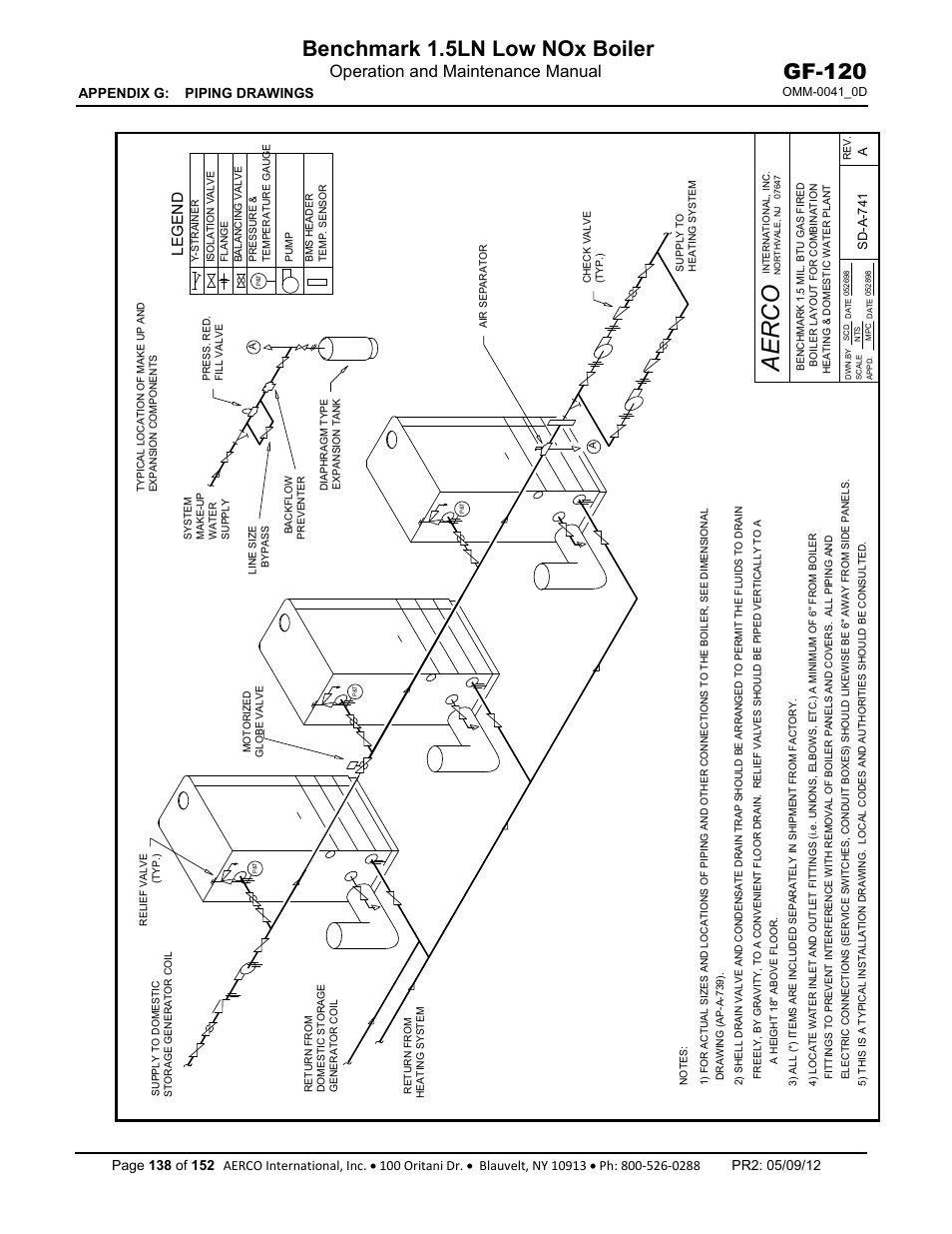 Aerco, Benchmark 1.5ln low nox boiler, Gf-120 | Operation and maintenance manual, Legend, Appendix g: piping drawings | AERCO BMK 1.5 LN July 2011 User Manual | Page 138 / 152