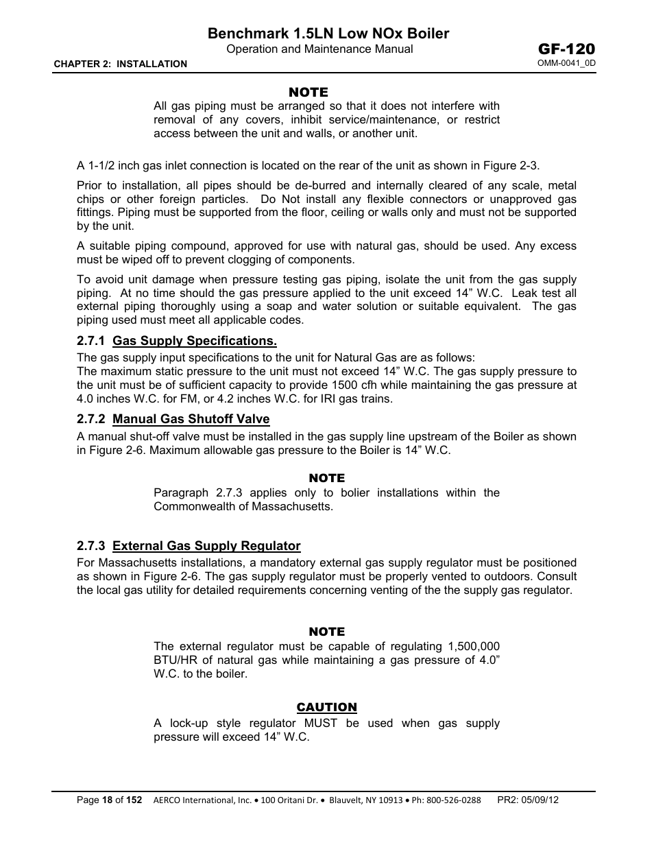 1 gas supply specifications, 2 manual gas shutoff valve, 3 external gas supply regulator | Benchmark 1.5ln low nox boiler, Gf-120 | AERCO BMK 1.5 LN July 2011 User Manual | Page 18 / 152