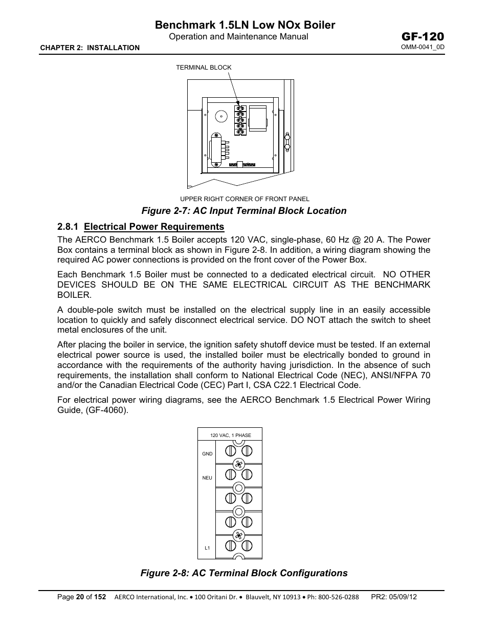 1 electrical power requirements, Benchmark 1.5ln low nox boiler, Gf-120 | AERCO BMK 1.5 LN July 2011 User Manual | Page 20 / 152