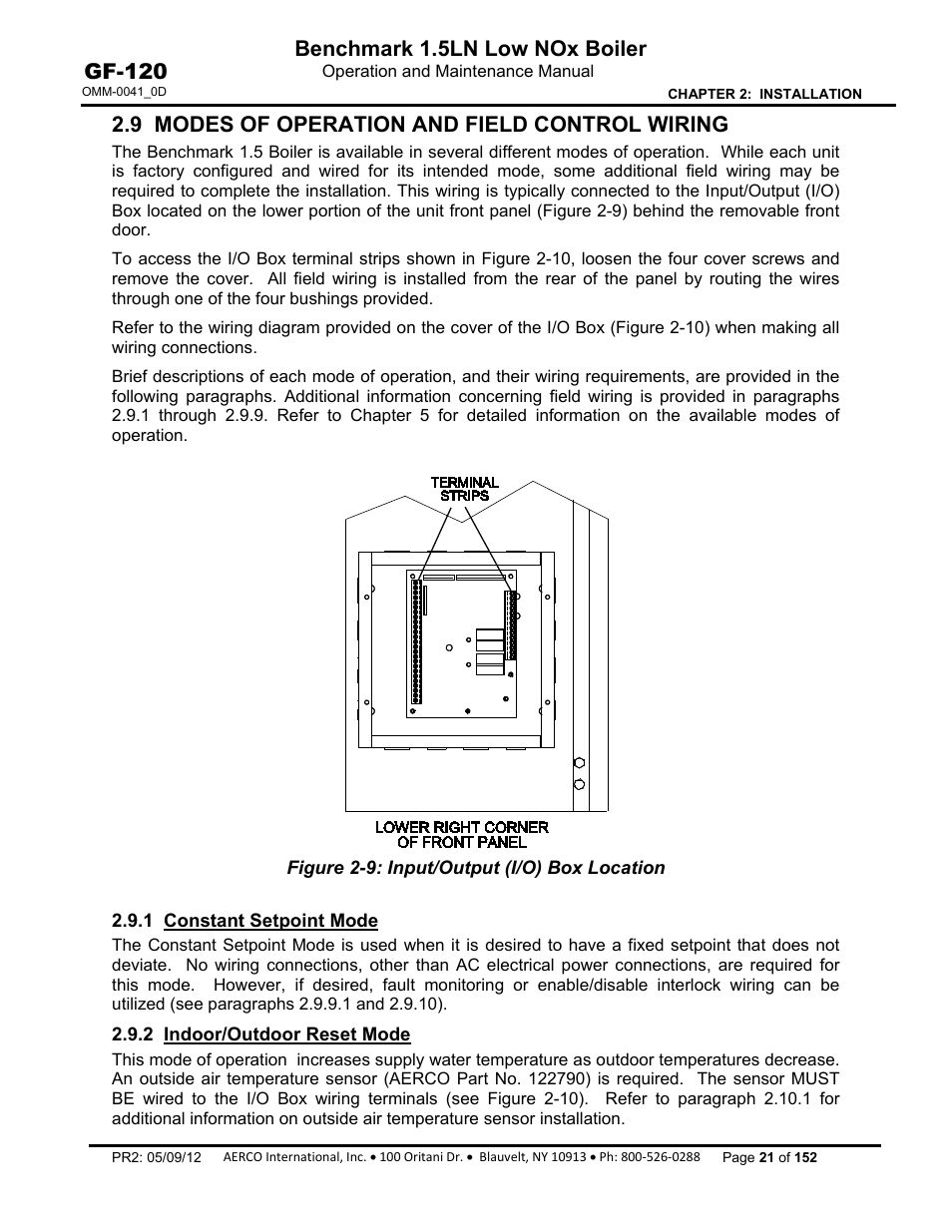 9 modes of operation and field control wiring, 1 constant setpoint mode, 2 indoor/outdoor reset mode | Benchmark 1.5ln low nox boiler, Gf-120 | AERCO BMK 1.5 LN July 2011 User Manual | Page 21 / 152