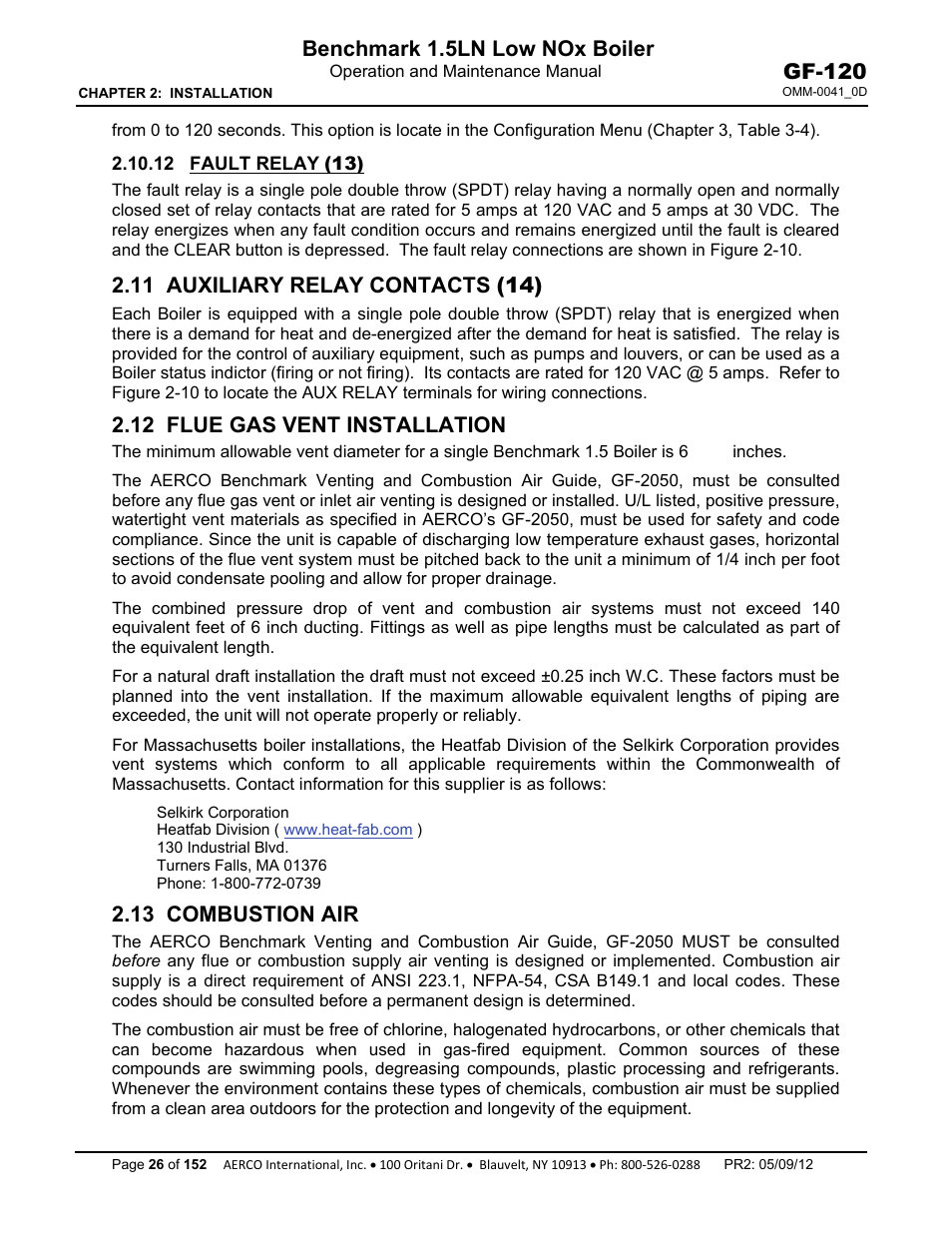 12 fault relay (13), 11 auxiliary relay contacts (14), 12 flue gas vent installation | 13 combustion air, Benchmark 1.5ln low nox boiler, Gf-120 | AERCO BMK 1.5 LN July 2011 User Manual | Page 26 / 152