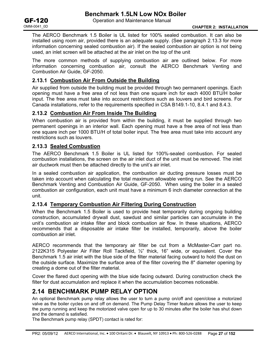 1 combustion air from outside the building, 2 combustion air from inside the building, 3 sealed combustion | 14 benchmark pump relay option, Benchmark 1.5ln low nox boiler, Gf-120 | AERCO BMK 1.5 LN July 2011 User Manual | Page 27 / 152