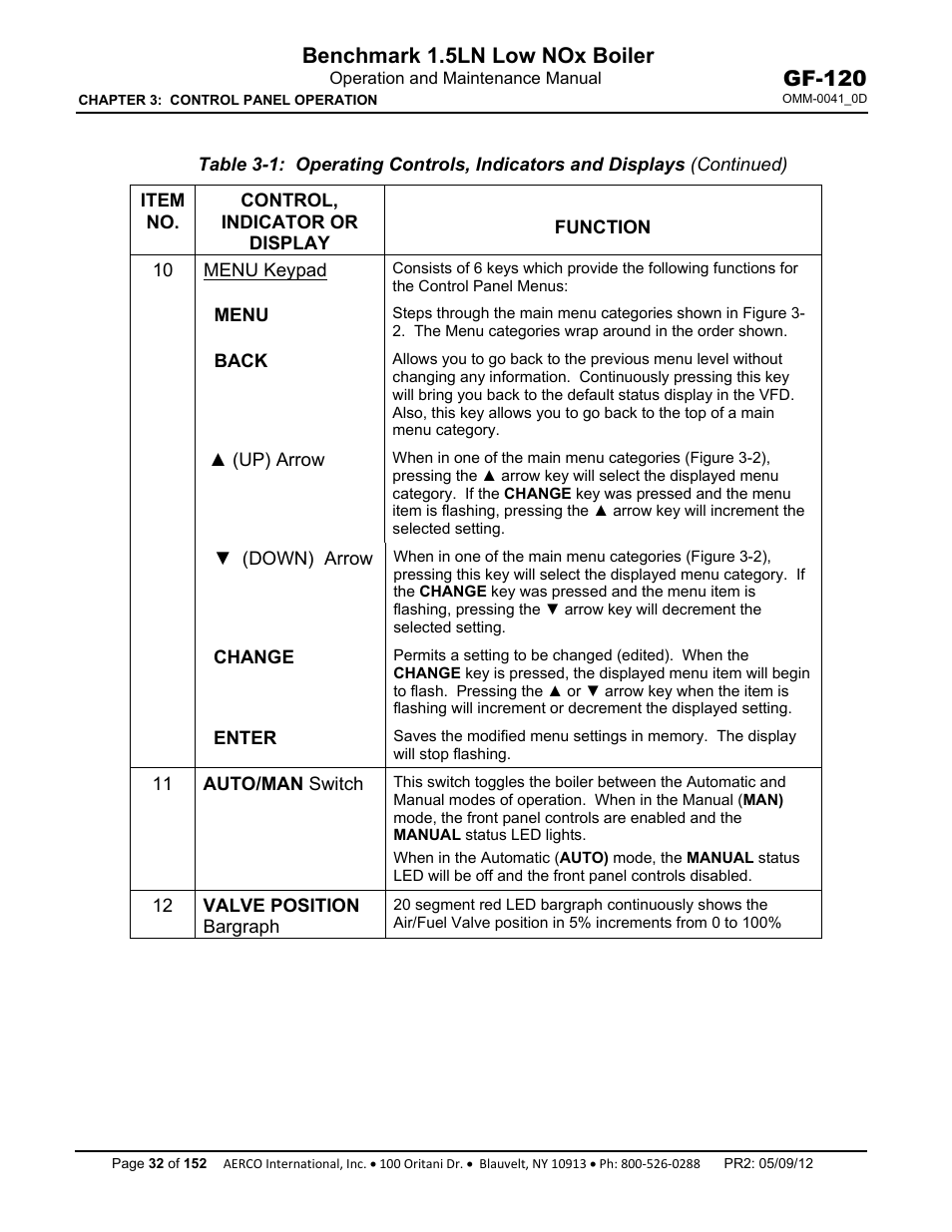 Benchmark 1.5ln low nox boiler, Gf-120 | AERCO BMK 1.5 LN July 2011 User Manual | Page 32 / 152