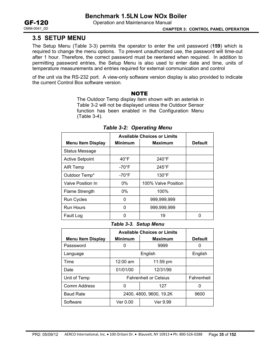 5 setup menu, Benchmark 1.5ln low nox boiler, Gf-120 | AERCO BMK 1.5 LN July 2011 User Manual | Page 35 / 152