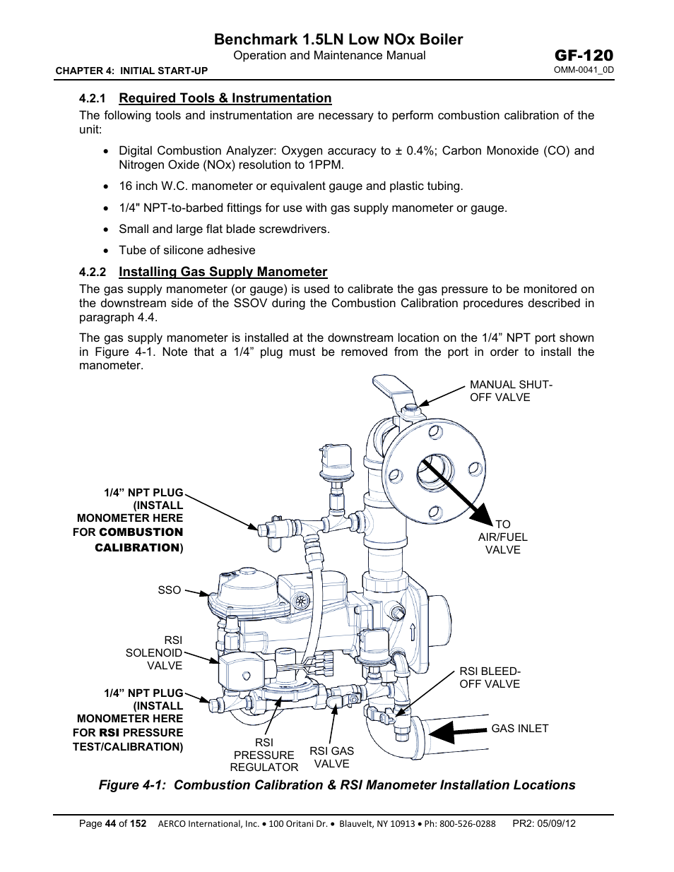 Chapter 4, 1 required tools & instrumentation, 2 installing gas supply manometer | Benchmark 1.5ln low nox boiler, Gf-120 | AERCO BMK 1.5 LN July 2011 User Manual | Page 44 / 152