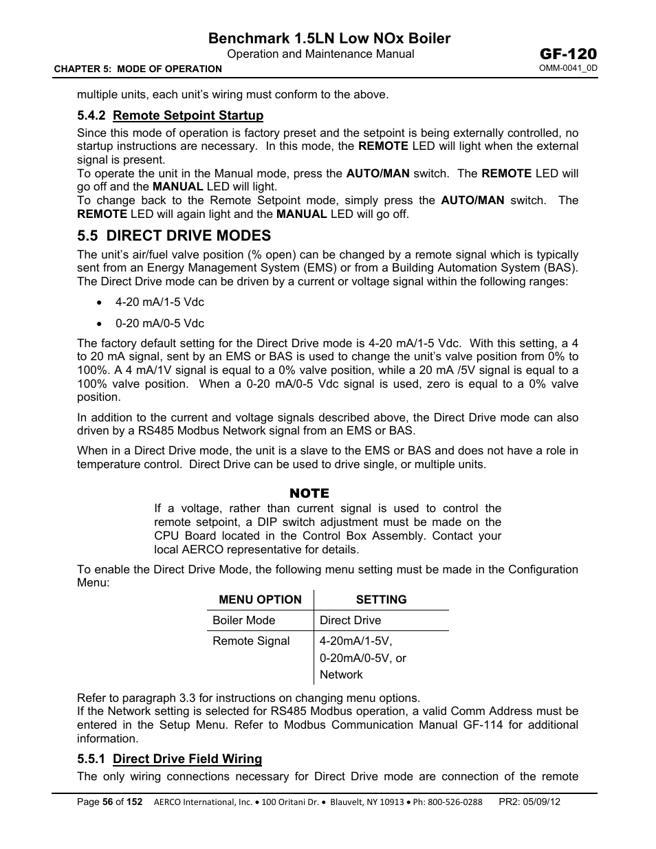 2 remote setpoint startup, 5 direct drive modes, 1 direct drive field wiring | Benchmark 1.5ln low nox boiler, Gf-120 | AERCO BMK 1.5 LN July 2011 User Manual | Page 56 / 152