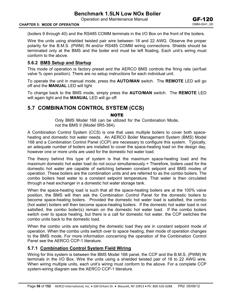 2 bms setup and startup, 7 combination control system (ccs), 1 combination control system field wiring | Benchmark 1.5ln low nox boiler, Gf-120 | AERCO BMK 1.5 LN July 2011 User Manual | Page 58 / 152