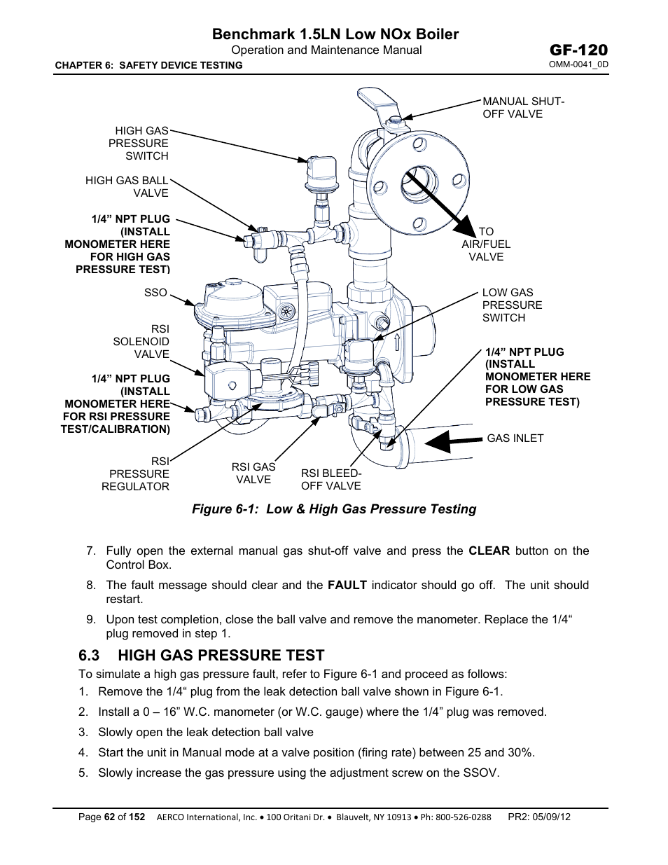 3 high gas pressure test, Benchmark 1.5ln low nox boiler, Gf-120 | AERCO BMK 1.5 LN July 2011 User Manual | Page 62 / 152