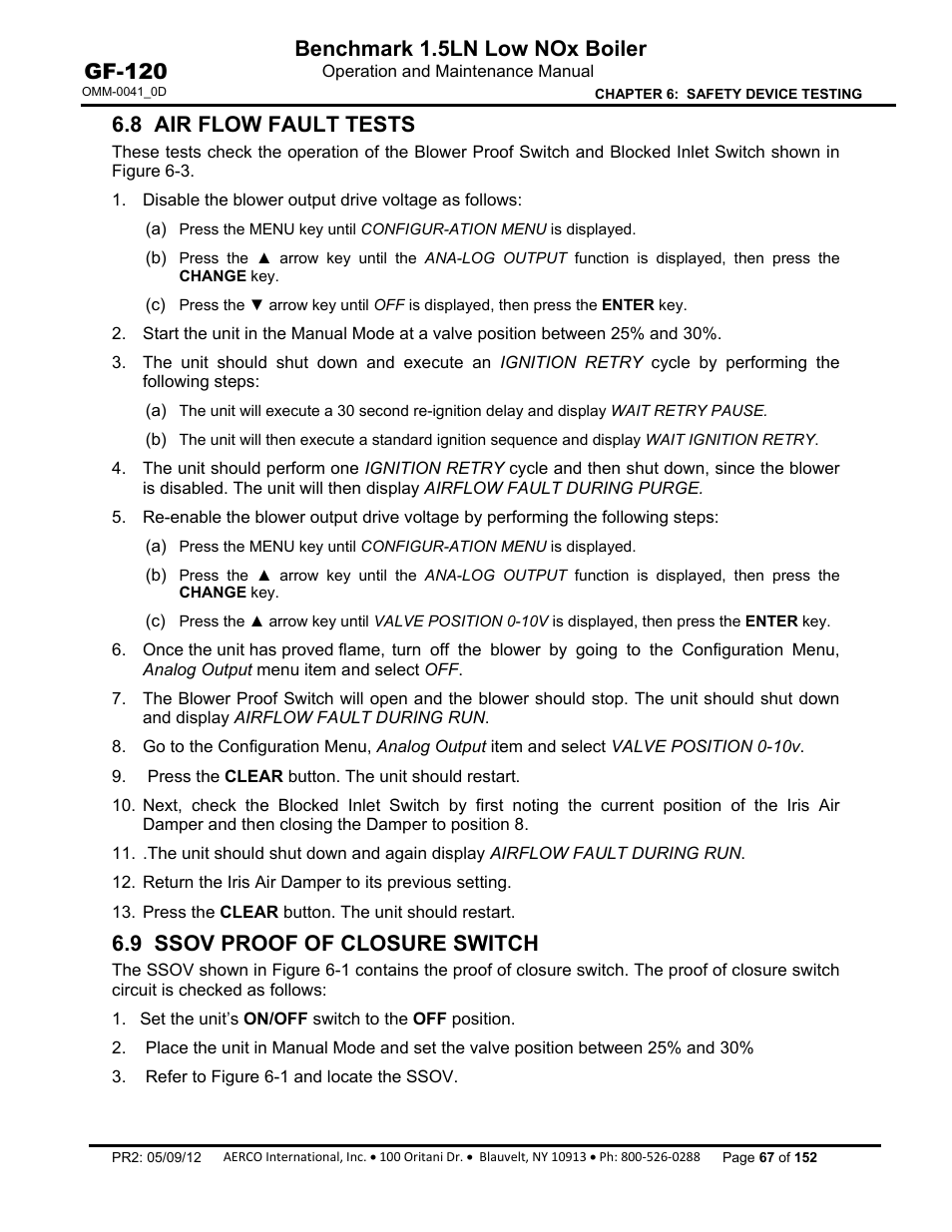 8 air flow fault tests, 9 ssov proof of closure switch, Benchmark 1.5ln low nox boiler | Gf-120 | AERCO BMK 1.5 LN July 2011 User Manual | Page 67 / 152