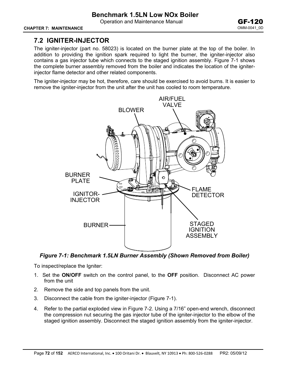 2 igniter-injector, Benchmark 1.5ln low nox boiler, Gf-120 | AERCO BMK 1.5 LN July 2011 User Manual | Page 72 / 152