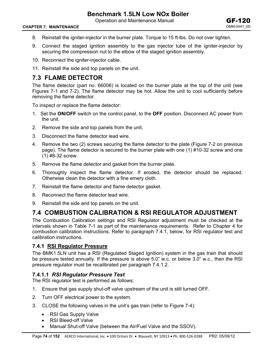 3 flame detector, 1 rsi regulator pressure, 1 rsi regulator pressure test | Benchmark 1.5ln low nox boiler, Gf-120 | AERCO BMK 1.5 LN July 2011 User Manual | Page 74 / 152