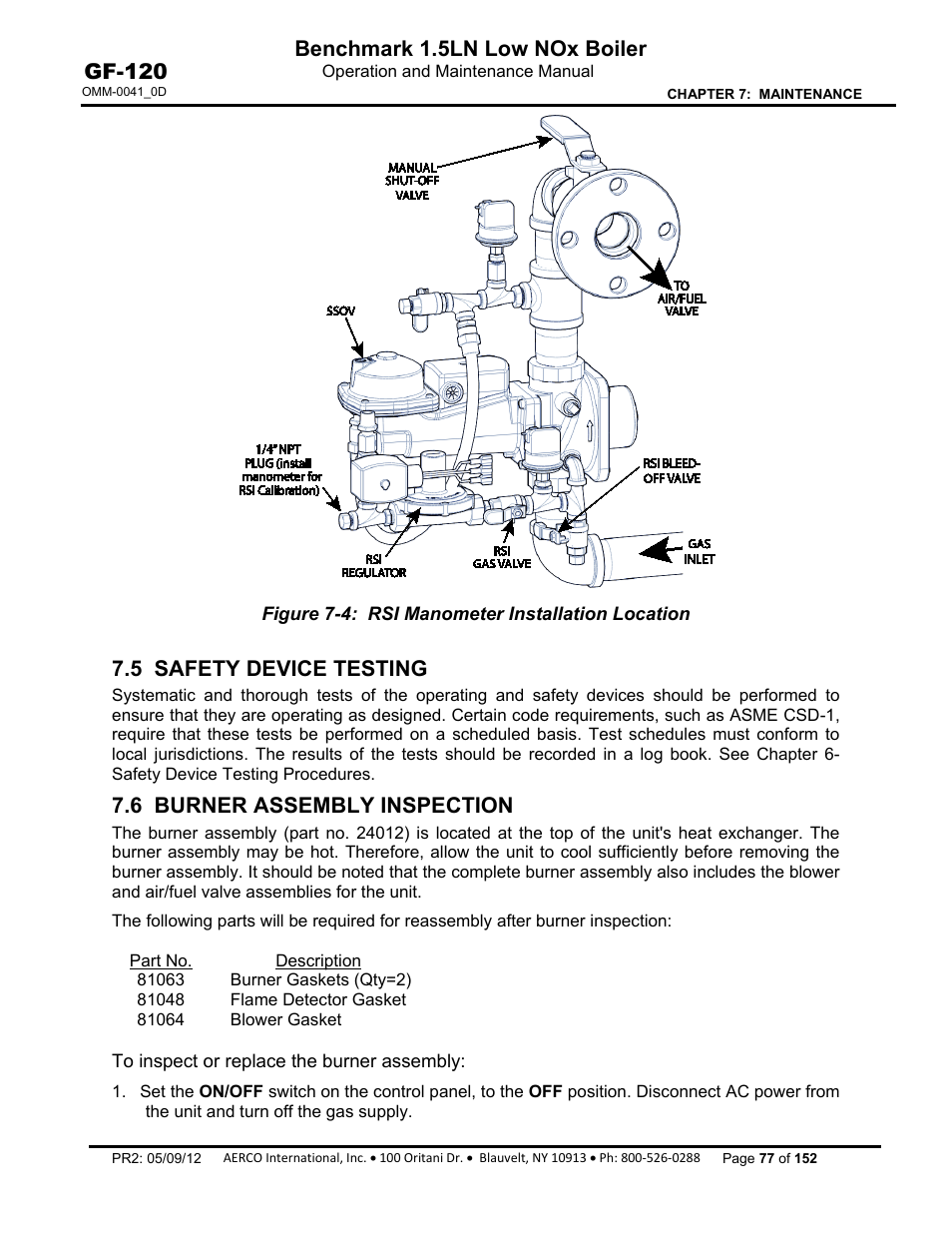 5 safety device testing, 6 burner assembly inspection, Benchmark 1.5ln low nox boiler | Gf-120 | AERCO BMK 1.5 LN July 2011 User Manual | Page 77 / 152