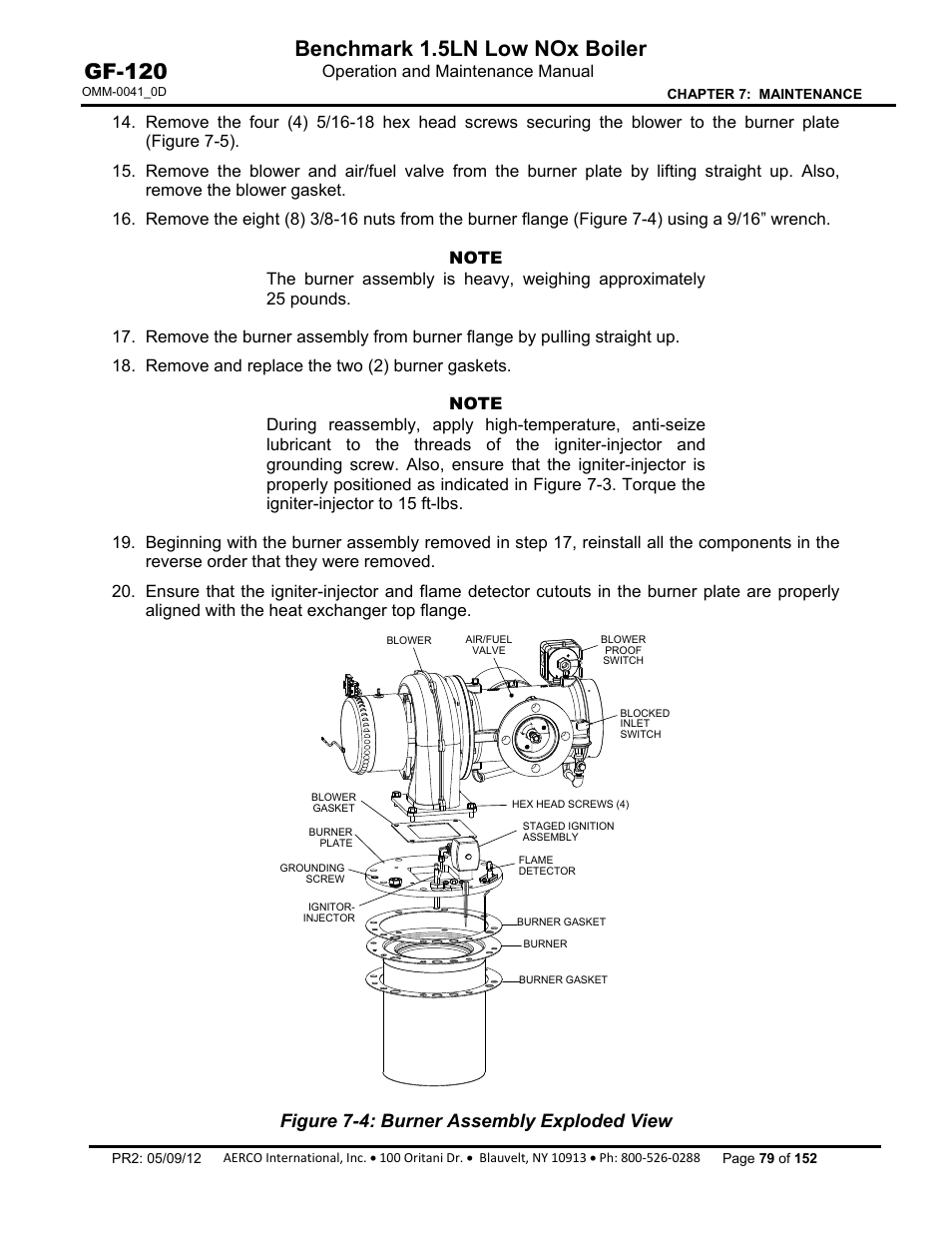 Benchmark 1.5ln low nox boiler, Gf-120, Figure 7-4: burner assembly exploded view | AERCO BMK 1.5 LN July 2011 User Manual | Page 79 / 152