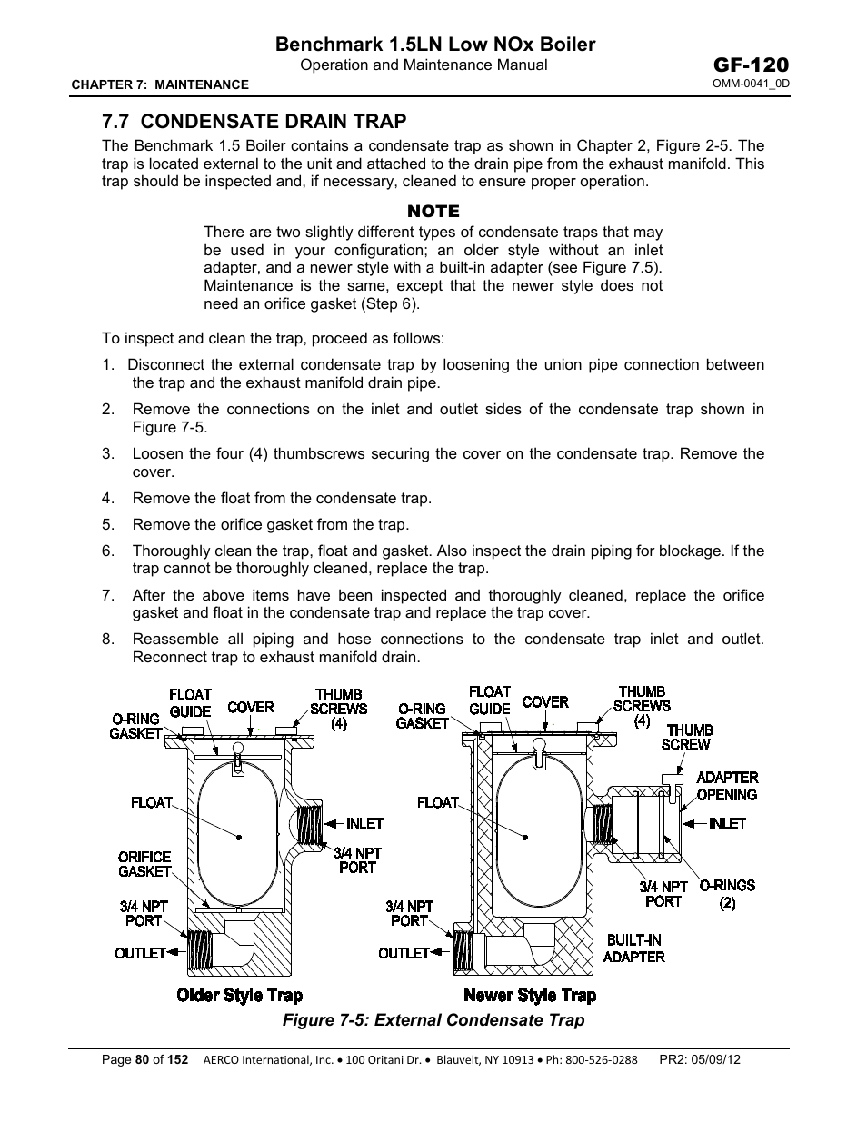 7 condensate drain trap, Benchmark 1.5ln low nox boiler, Gf-120 | AERCO BMK 1.5 LN July 2011 User Manual | Page 80 / 152