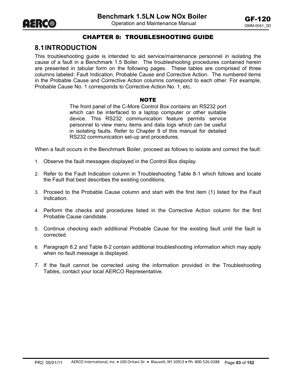 Chapter 8: troubleshooting guide, 1 introduction, Benchmark 1.5ln low nox boiler | Gf-120 | AERCO BMK 1.5 LN July 2011 User Manual | Page 83 / 152