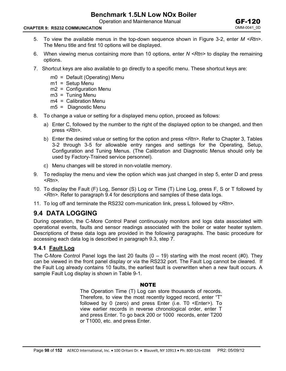 4 data logging, 1 fault log, Benchmark 1.5ln low nox boiler | Gf-120 | AERCO BMK 1.5 LN July 2011 User Manual | Page 98 / 152