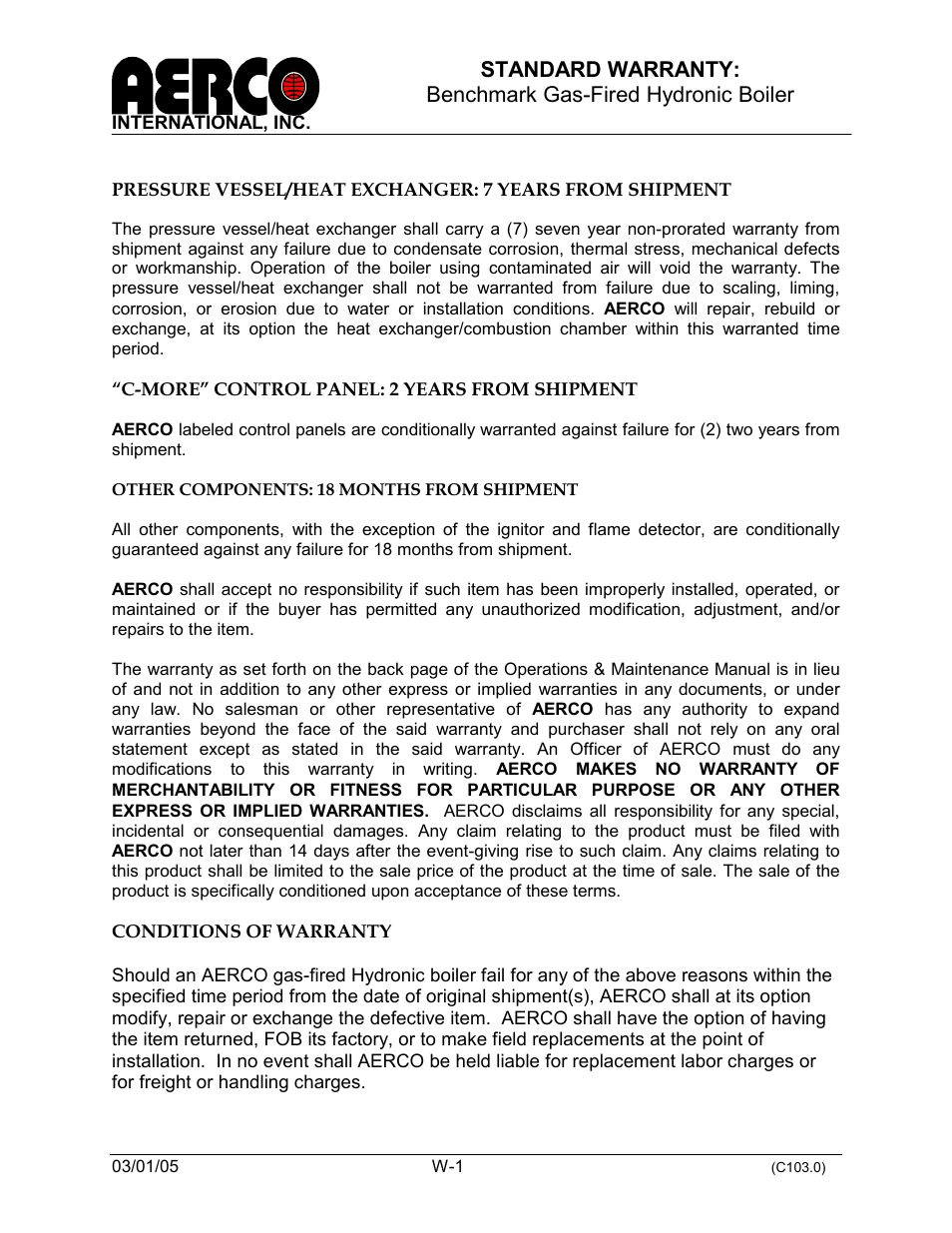 Standard warranty | AERCO BMK 1.5 LN June 2010 User Manual | Page 121 / 123