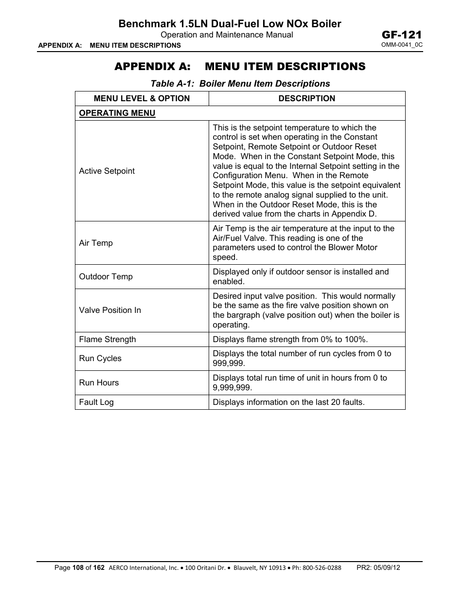 Appendix a: menu item descriptions, Benchmark 1.5ln dual-fuel low nox boiler, Gf-121 | AERCO BMK 1.5 LN Dual Fuel Feb 2013 User Manual | Page 108 / 162