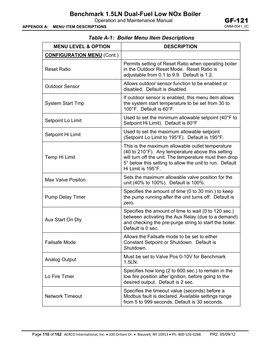 Benchmark 1.5ln dual-fuel low nox boiler, Gf-121 | AERCO BMK 1.5 LN Dual Fuel Feb 2013 User Manual | Page 110 / 162