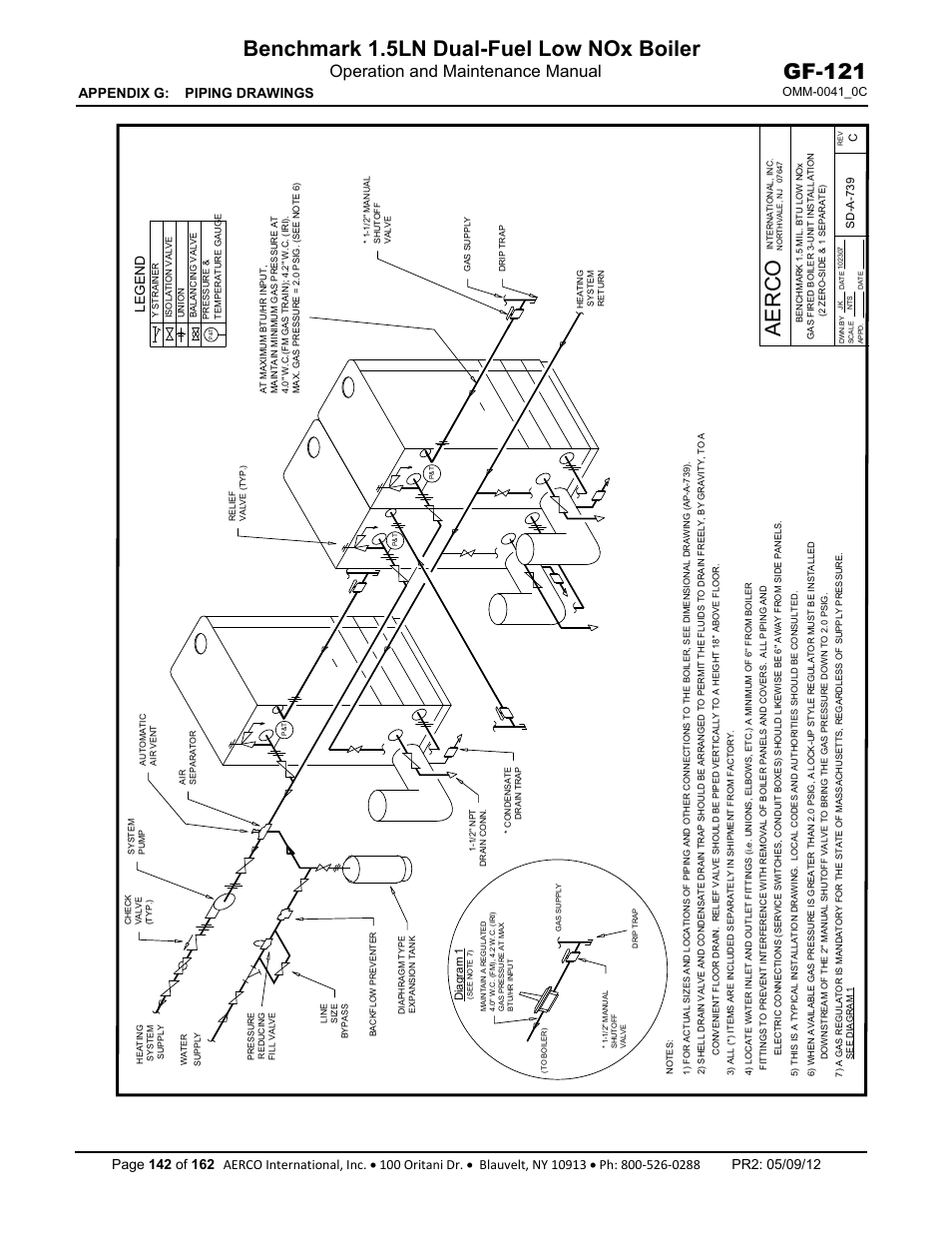 Benchmark 1.5ln dual-fuel low nox boiler, Gf-121, Aerco | Operation and maintenance manual, Appendix g: piping drawings, Legend | AERCO BMK 1.5 LN Dual Fuel Feb 2013 User Manual | Page 142 / 162