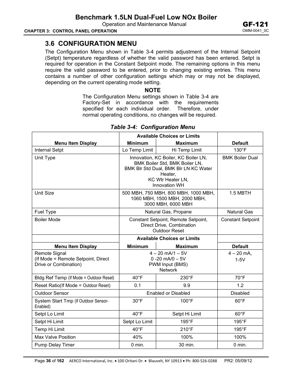 6 configuration menu, Benchmark 1.5ln dual-fuel low nox boiler, Gf-121 | AERCO BMK 1.5 LN Dual Fuel Feb 2013 User Manual | Page 36 / 162