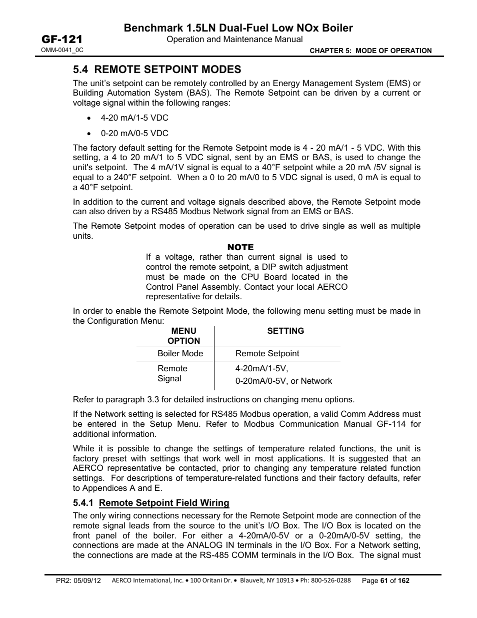 4 remote setpoint modes, 1 remote setpoint field wiring, Benchmark 1.5ln dual-fuel low nox boiler | Gf-121 | AERCO BMK 1.5 LN Dual Fuel Feb 2013 User Manual | Page 61 / 162