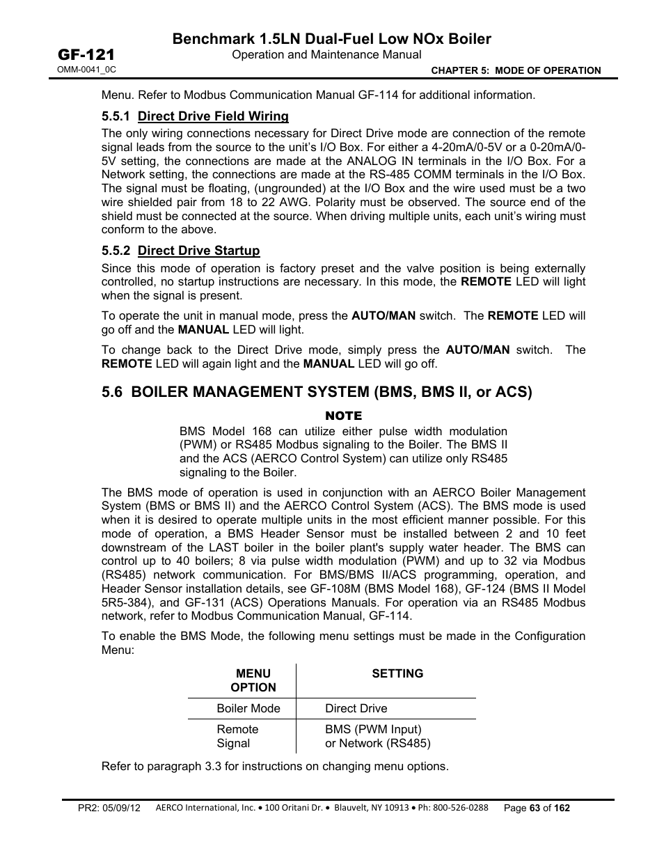 1 direct drive field wiring, 2 direct drive startup, 6 boiler management system (bms, bms ii, or acs) | Benchmark 1.5ln dual-fuel low nox boiler, Gf-121 | AERCO BMK 1.5 LN Dual Fuel Feb 2013 User Manual | Page 63 / 162