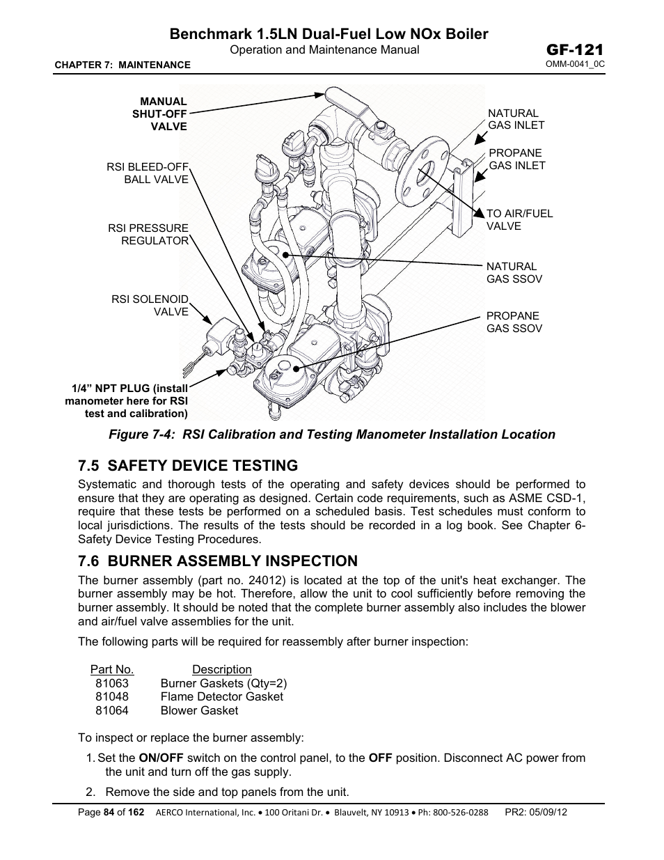 5 safety device testing, 6 burner assembly inspection, Benchmark 1.5ln dual-fuel low nox boiler | Gf-121 | AERCO BMK 1.5 LN Dual Fuel Feb 2013 User Manual | Page 84 / 162