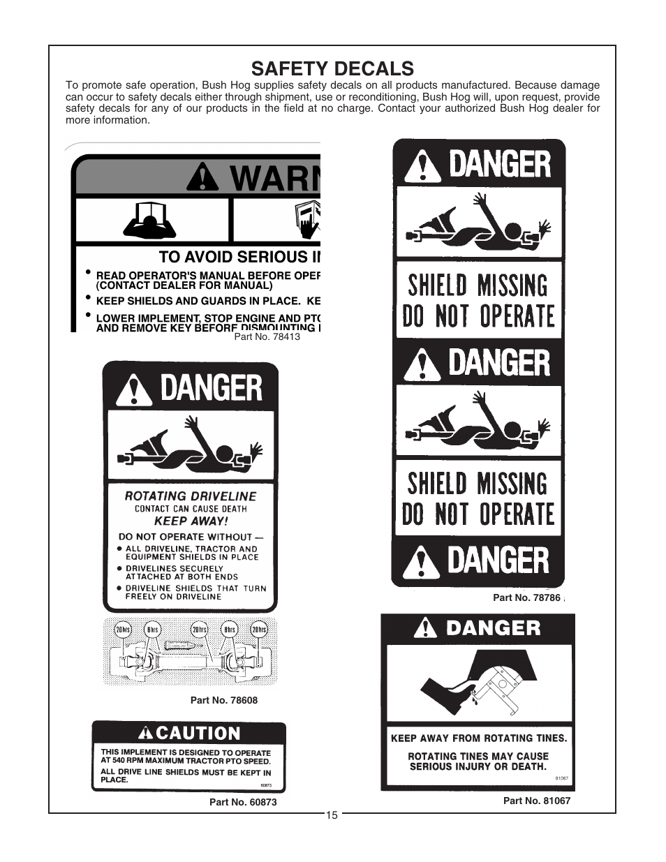 Safety decals | Bush Hog RTN User Manual | Page 17 / 20