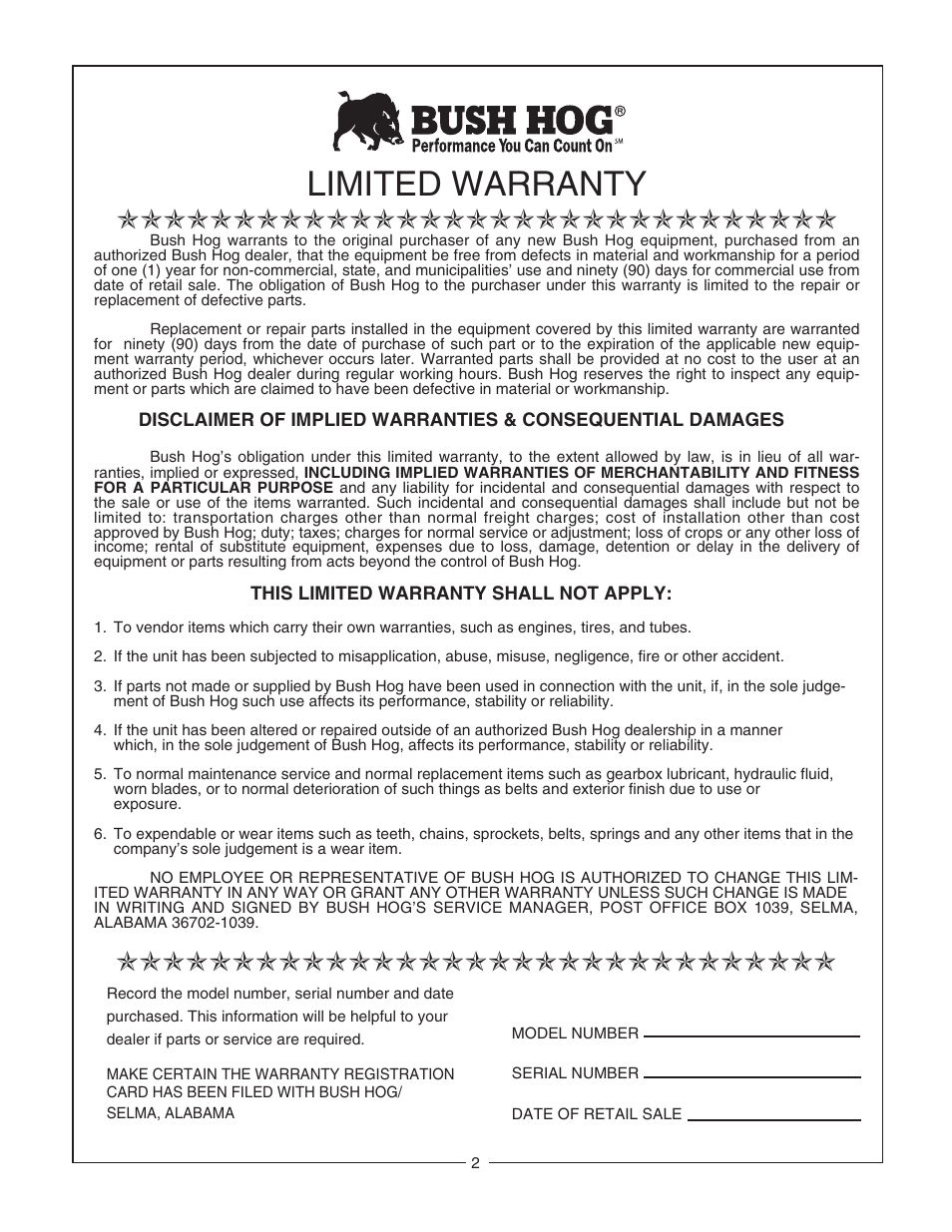 Limited warranty | Bush Hog RTN User Manual | Page 4 / 20