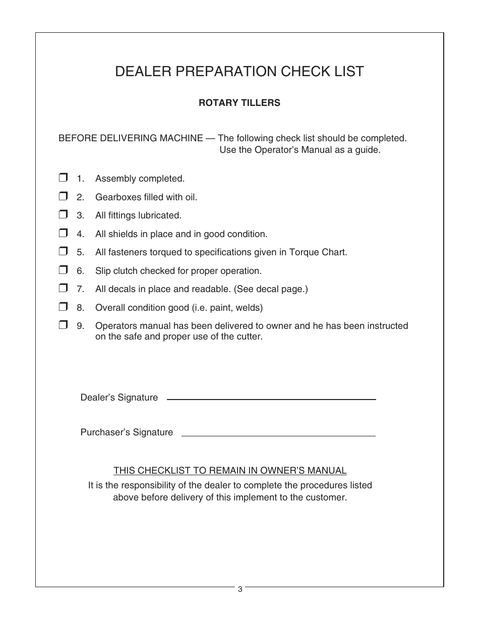 Dealer preparation check list | Bush Hog RTN User Manual | Page 5 / 20