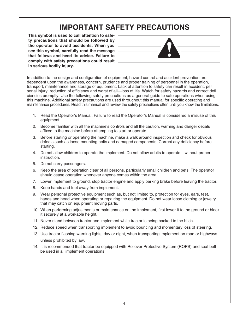 Important safety precautions | Bush Hog RTN User Manual | Page 6 / 20