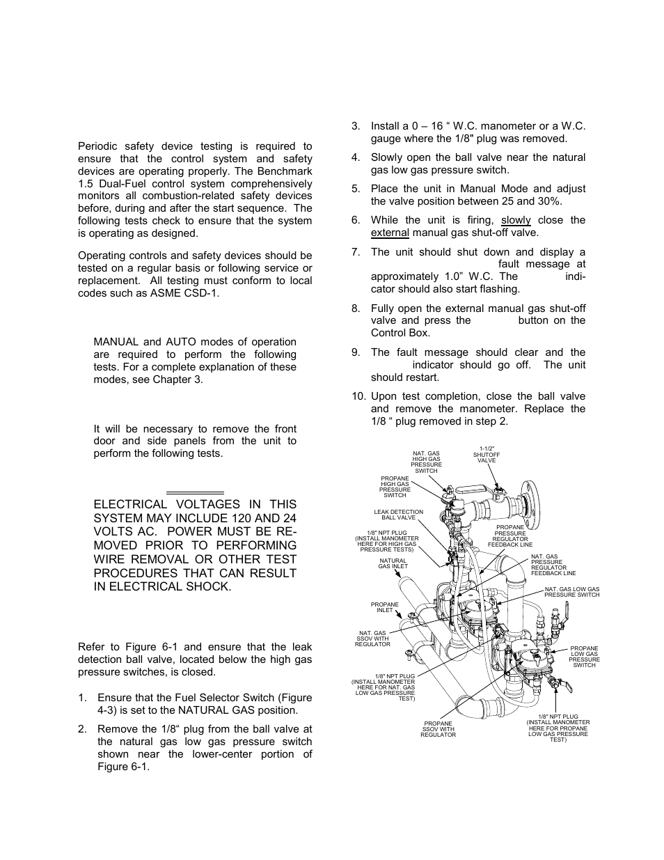 Chapter 6 - safety device testing, Safety device testing, Chapter 6 safety device testing | 1 testing of safety devices, Warning, Figure 6-1 low & high gas pressure testing | AERCO BMK 1.5 LN Dual Fuel June 2010 User Manual | Page 49 / 139