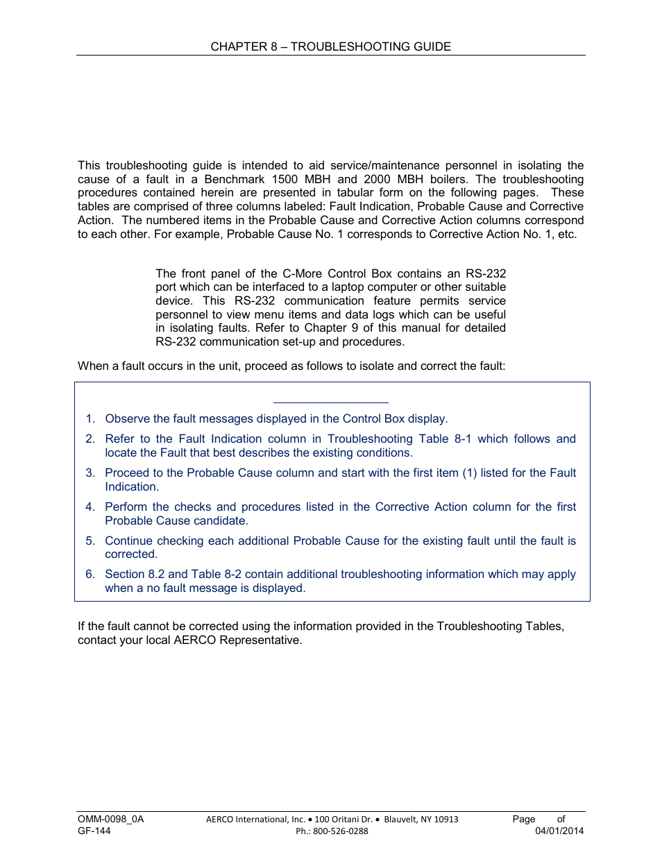 Chapter 8. troubleshooting guide, 1 introduction, Chapter 8 | Troubleshooting guide | AERCO BMK 2000DF User Manual | Page 103 / 196